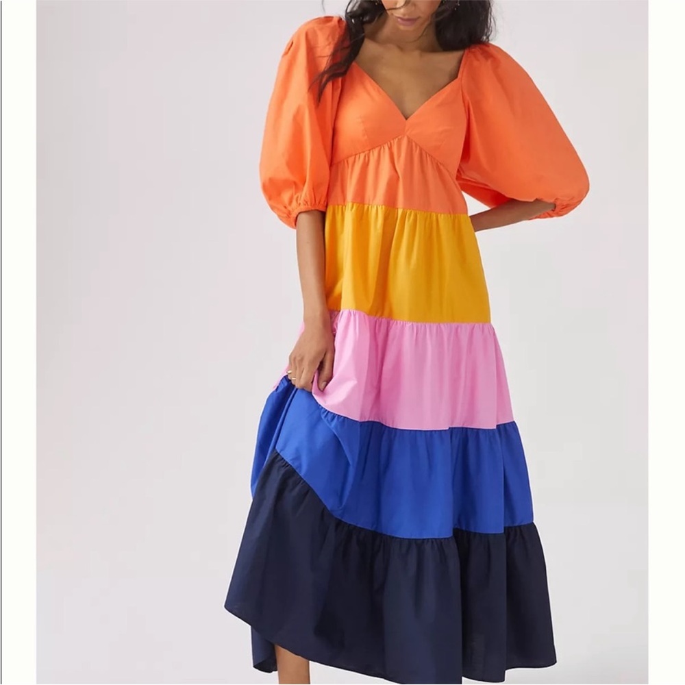 Farm Rio Anthropologie Women’s Size XS Tiered Color Block Maxi Dress Rainbow NWT